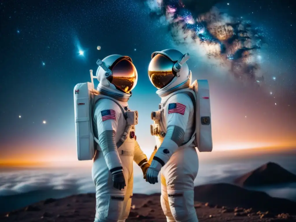 Romance cósmico: dos astronautas flotan abrazados en el espacio entre estrellas y galaxias, reflejando el amor en universos ficticios