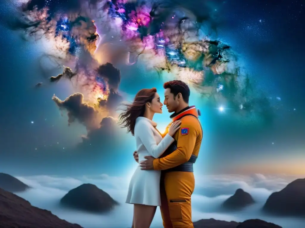 Romance en universos ficticios: pareja flotando en el espacio, envueltos en una galaxia de estrellas y nebulosas, iluminados por una supernova lejana