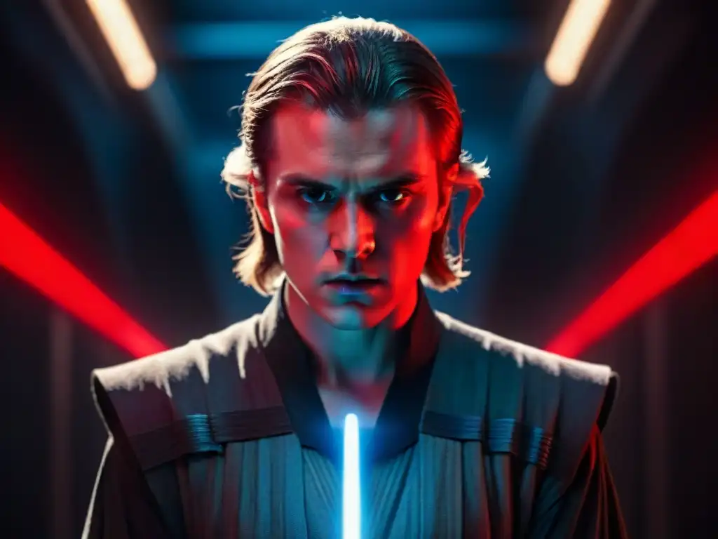 La transformación de Anakin Skywalker en Darth Vader se refleja en su rostro iluminado por un sable láser rojo, entre sombras y claridad, mostrando su lucha interna entre la luz y la oscuridad