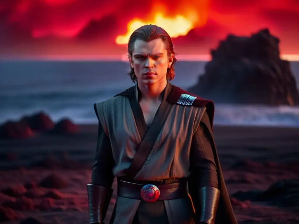 La transformación de Anakin Skywalker en Darth Vader se refleja en su rostro, entre la lava y la oscuridad