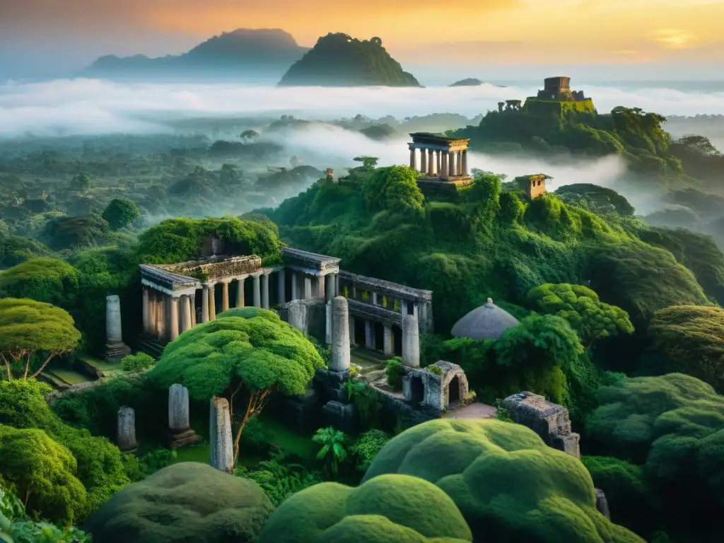 Ruinas antiguas entre la exuberante jungla al atardecer dorado