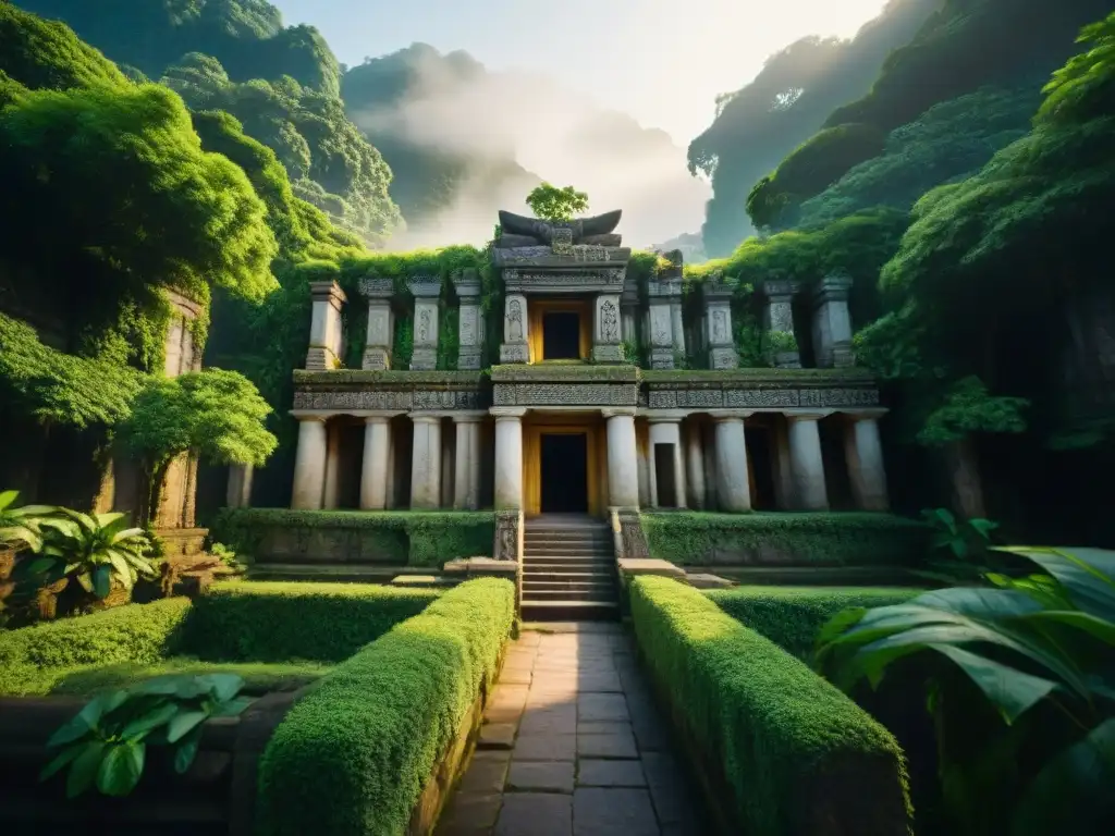 Templo ancestral oculto en la selva: misterio y aventura Ruinas antiguas entre la exuberante selva, con misteriosos relieves de piedra
