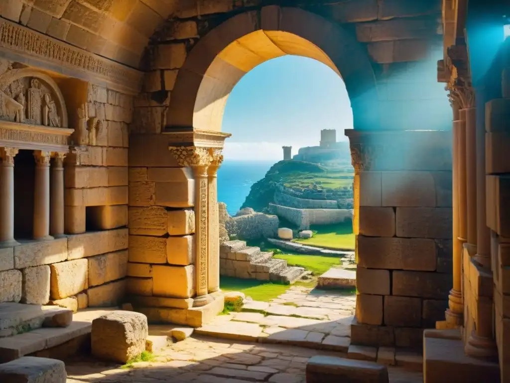 Ruinas antiguas en Malta: detalle misterioso y épico Ruinas antiguas en Malta: arcos de piedra, muros en ruinas y juego de luz y sombras crean aura de misterio e historia
