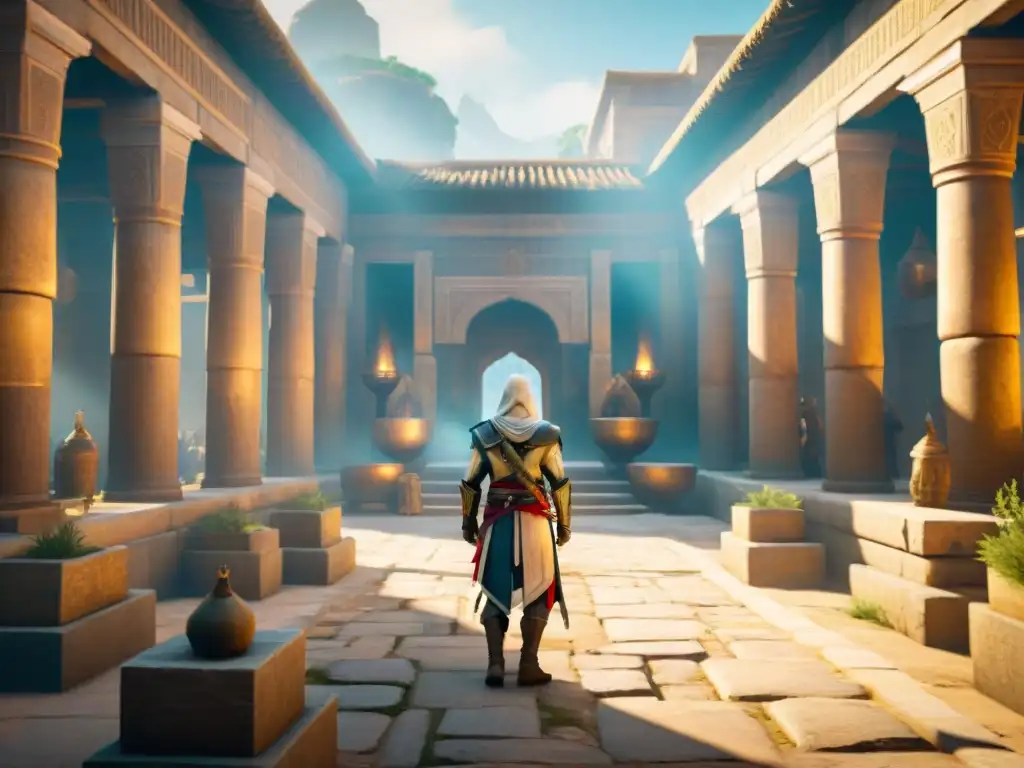 Descubre las ruinas bañadas en luz dorada y símbolos de Assassin's Creed