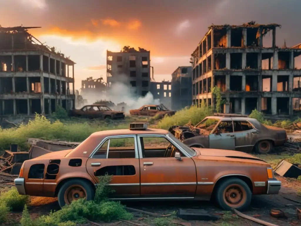 Ruinas de una ciudad postapocalíptica cubierta de vegetación y escombros, con un coche oxidado y un atardecer en llamas