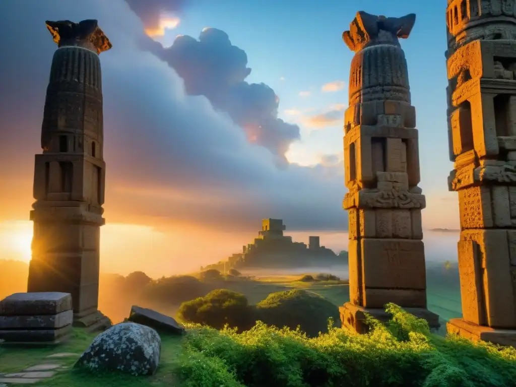 Ruinas de una majestuosa ciudad imperial en la fantasía, con pilares de piedra tallados y una puesta de sol cálida