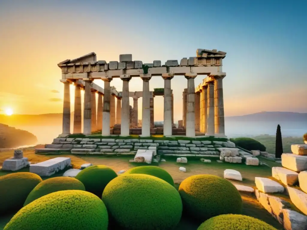 Ruinas majestuosas de templo griego rodeadas de vegetación, bajo un cielo dorado al atardecer