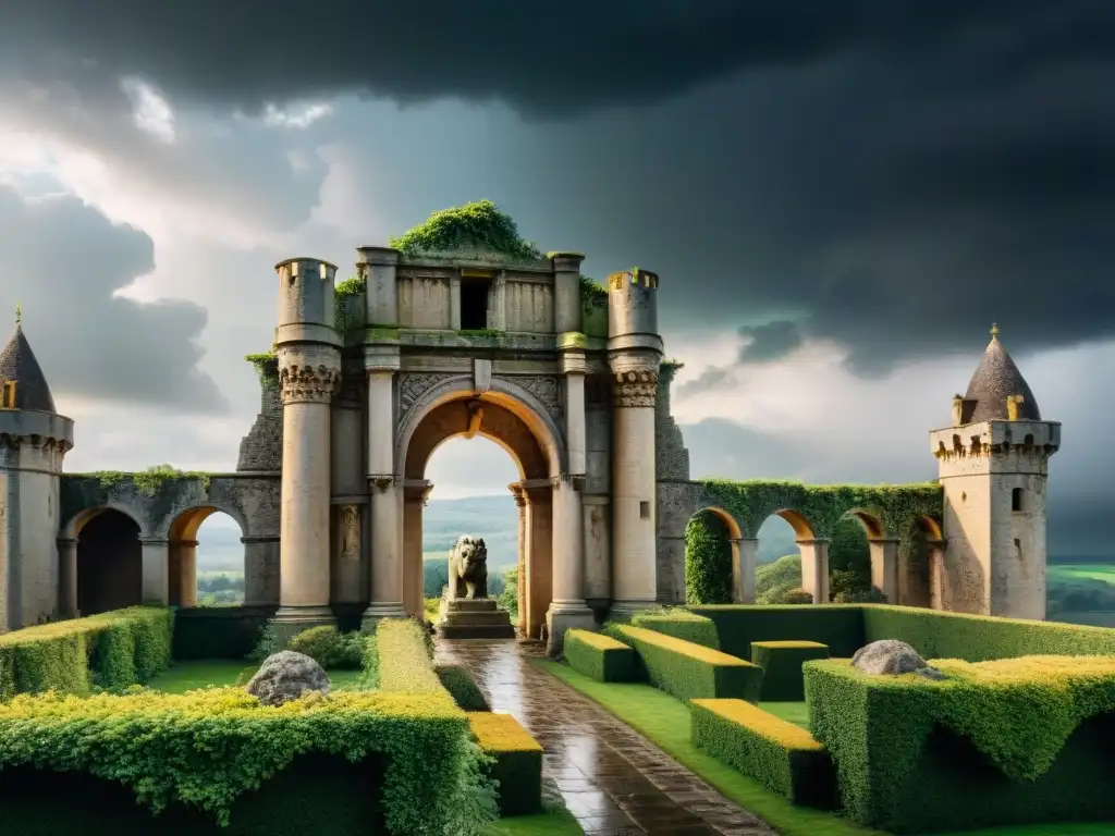 Ruinas de un majestuoso castillo en decadencia, con esculturas de piedra desgastadas y arcos derruidos, bajo un cielo tormentoso