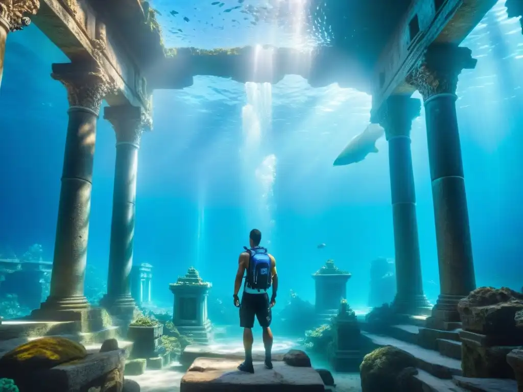 Ruinas submarinas de una majestuosa ciudad con columnas de mármol, grabados detallados y cristales azules, rodeada por peces coloridos