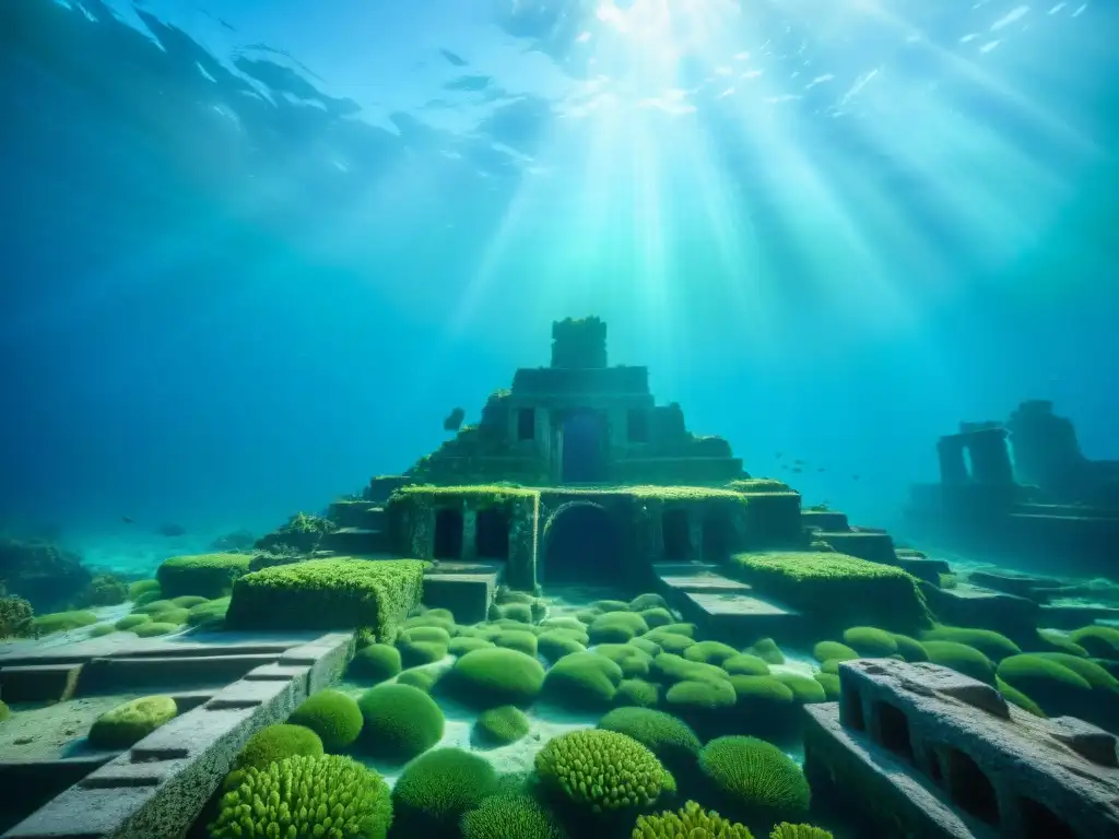 Ruinas sumergidas cubiertas de algas en ciudad misteriosa bajo el mar azul profundo, evocando la enigmática Atlantis ficción vs teorías geográficas