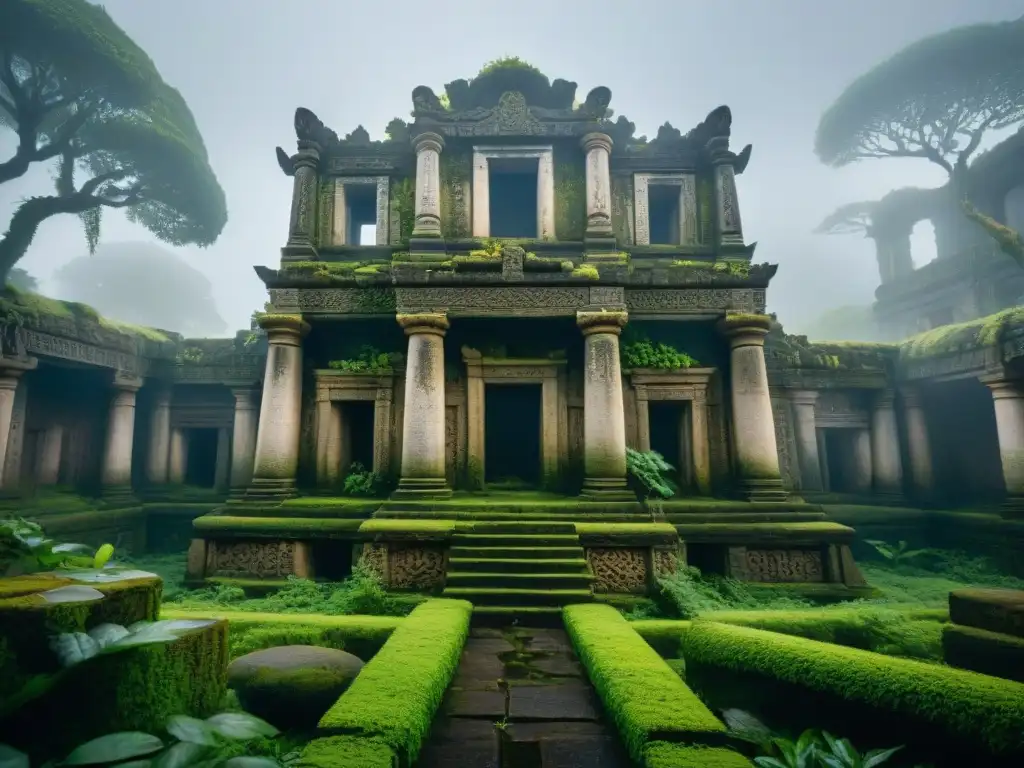 Ruinas de templo antiguo cubierto por la niebla, con grabados detallados