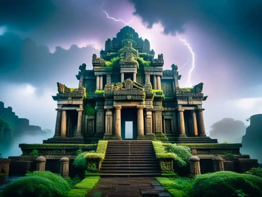 Ruinas de un templo antiguo en la niebla, con relieves de mitología en mundos ficticios profundos
