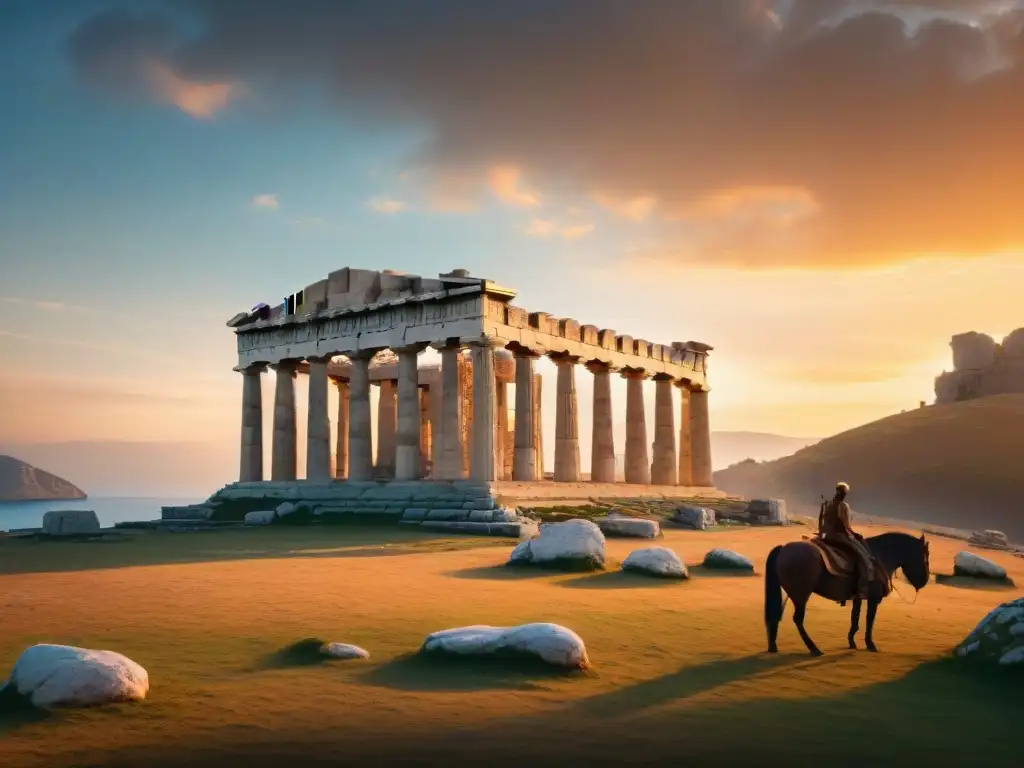 Ruinas de templo griego con criaturas míticas en un atardecer vibrante, evocando la fusión de mitologías en mundos ficticios