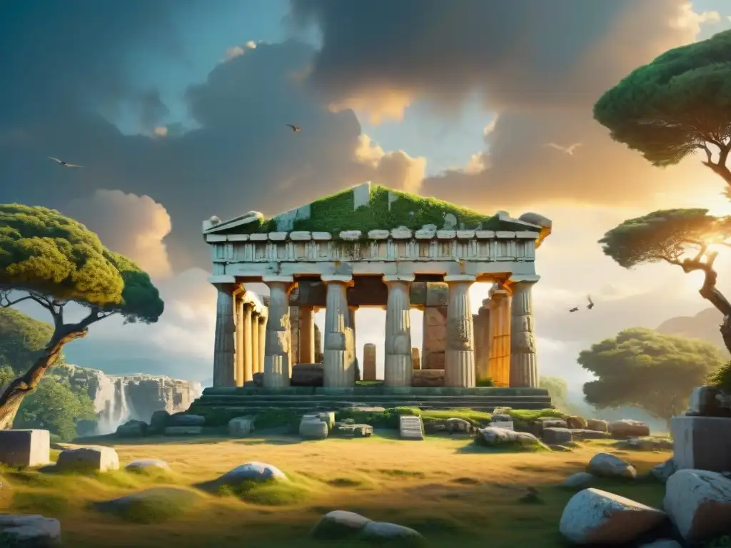 Ruinas del templo griego rodeadas de vegetación, iluminadas por rayos dorados
