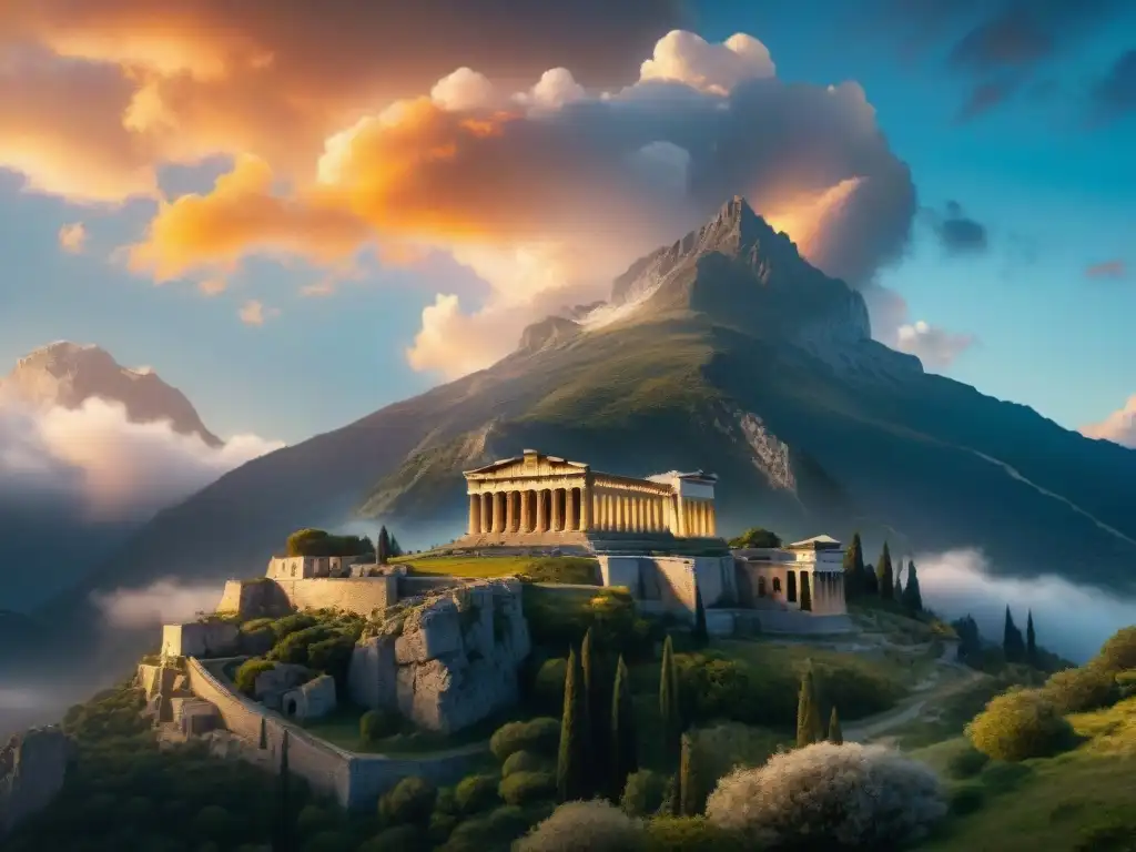 Monte Olimpo al atardecer: Ruinas divinas bañadas en oro Ruinas del templo en Monte Olimpo con atardecer dramático, rodeadas de nubes místicas