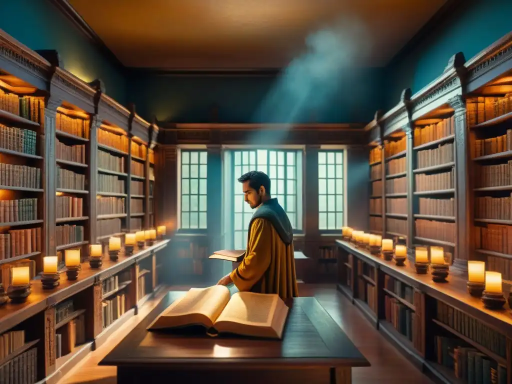 Biblioteca ancestral: sabiduría en páginas antiguas Un sabio estudia un antiguo mapa en una biblioteca iluminada por rayos dorados