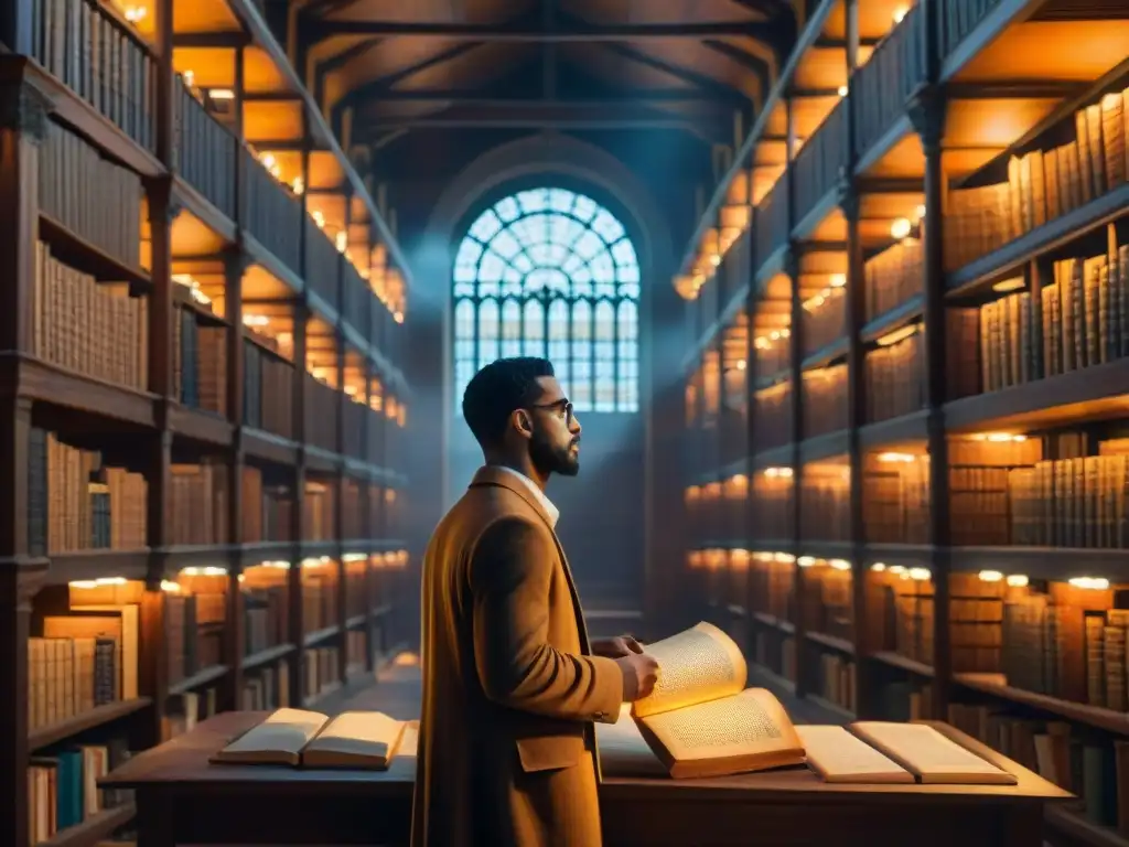 Un sabio estudia un manuscrito en una antigua biblioteca iluminada por antorchas, reflejando la evolución lingüística en mundos cambiantes