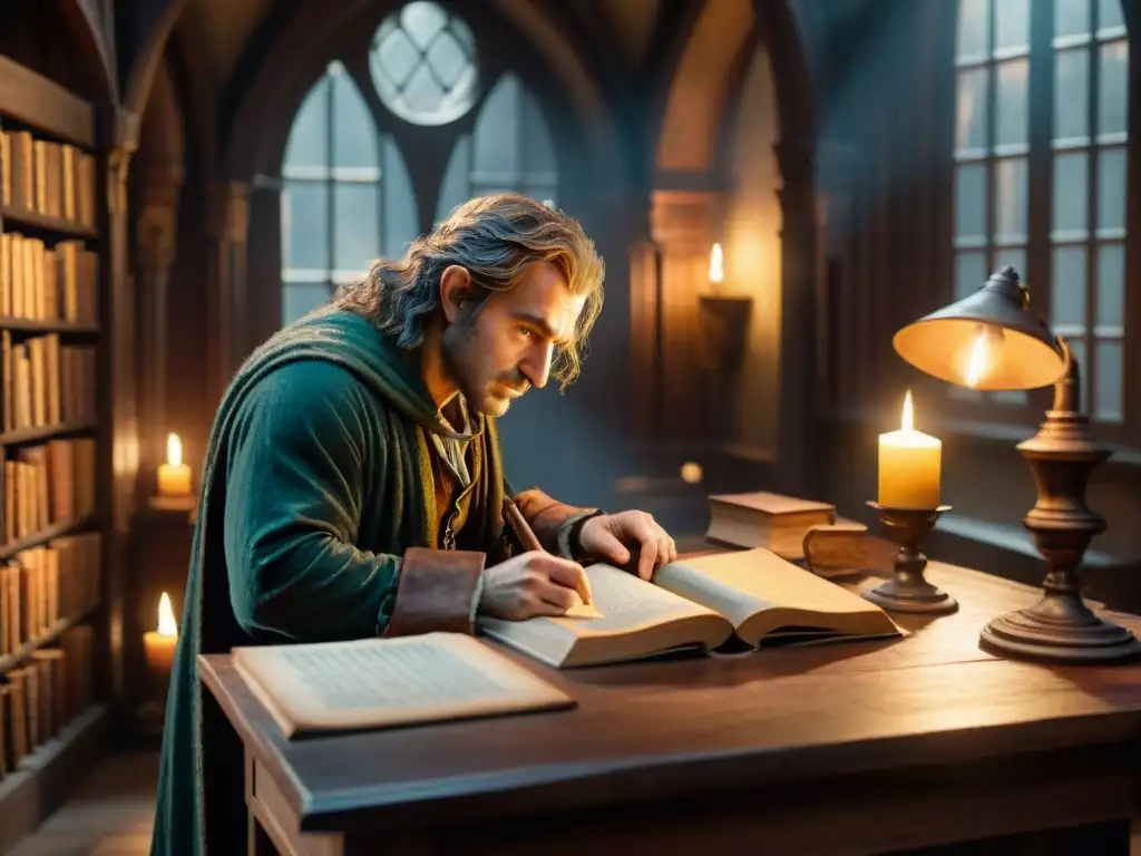 Un sabio estudia un manuscrito antiguo en una biblioteca medieval iluminada por velas y lámparas, revelando las raíces culturales de El Hobbit