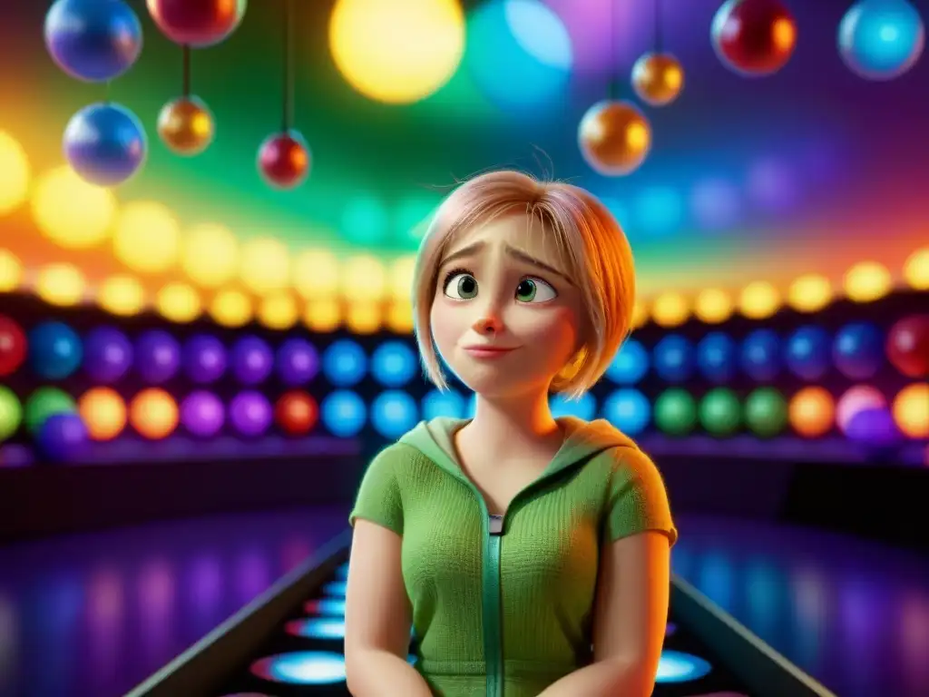 Joy de 'Inside Out' en sala de control llena de emociones, reflejando análisis psicológico y complejidad emocional