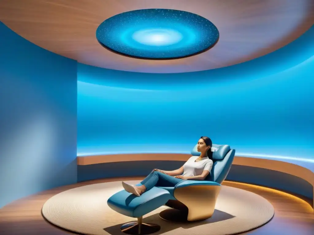 Una sala de terapia virtual futurista y serena, con tecnología avanzada y un ambiente de introspección