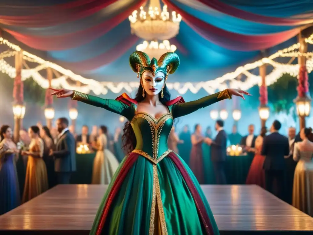 Un salón majestuoso lleno de criaturas fantásticas en máscaras y trajes elaborados, bajo luces de hadas