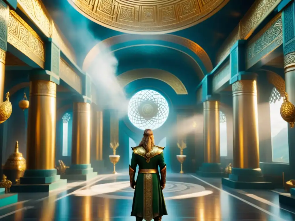 Un salón majestuoso y opulento en Asgard, reino mítico de los dioses nórdicos, lleno de tesoros y decoraciones doradas