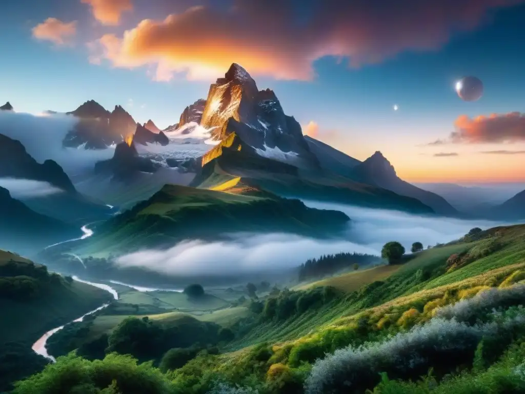 Satélite majestuoso ilumina planeta vibrante lleno de criaturas fantásticas