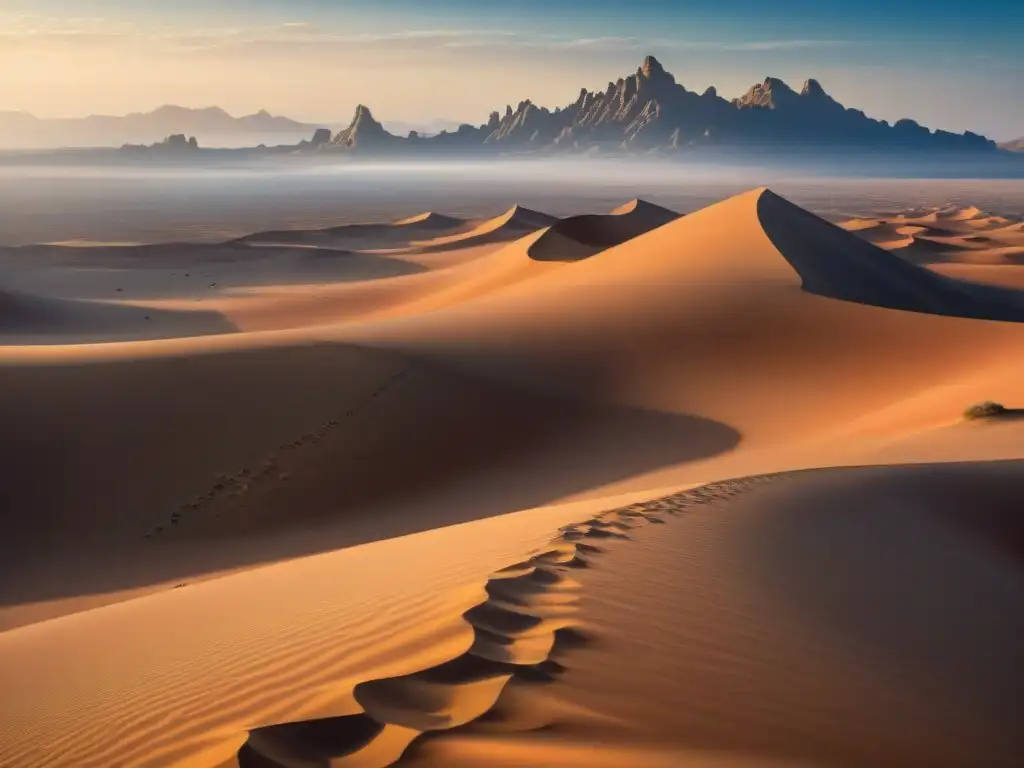 Secretos del desierto de Arrakis: dunas imponentes, cielo azul y un gusano de arena en la lejanía, evocando peligro y maravilla