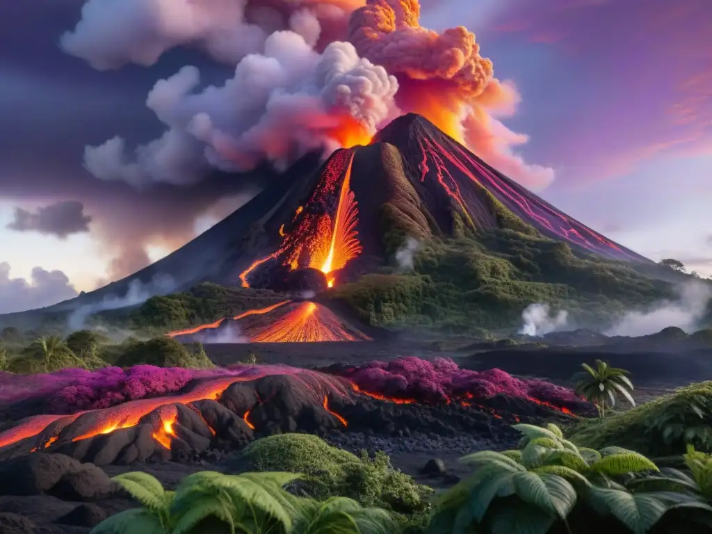 Una selva exuberante con un volcán activo arrojando lava al atardecer, rodeado de nubes de ceniza