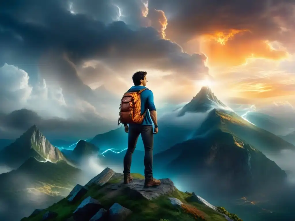 Un semidiós moderno, Percy Jackson, desafiante en la cima de una montaña, rodeado de un cielo tormentoso