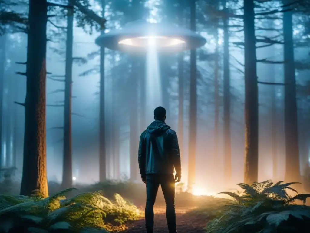 Un ser alienígena en un bosque oscuro iluminado por una nave espacial, creando un aura de misterio y origen alienígena en ciencia ficción