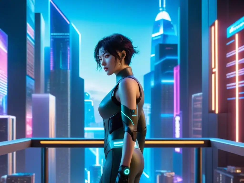 Metrópolis futurista: humano tecnológico en la noche neón Un ser humano con tecnología integrada en el ser, de pie en una ciudad futurista de neón por la noche