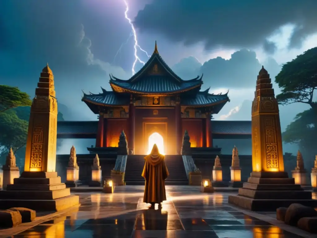 Un ser misterioso en la entrada de un templo rodeado de artefactos antiguos brillantes