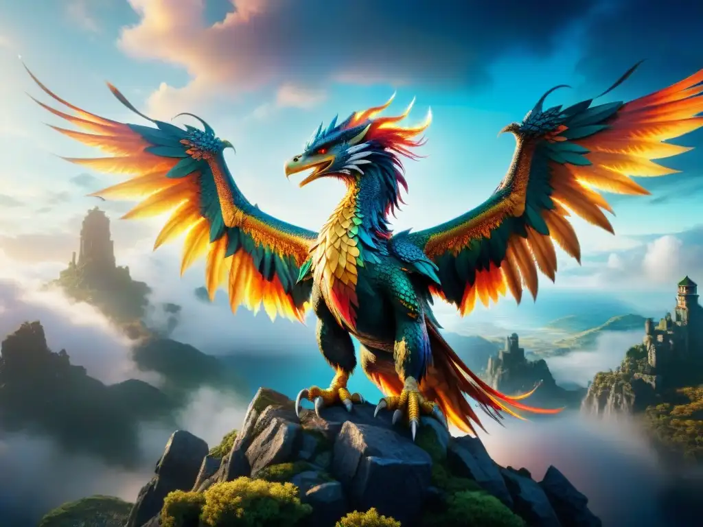 Un ser mítico majestuoso fusionando dragón y fénix en un paisaje vibrante de Final Fantasy