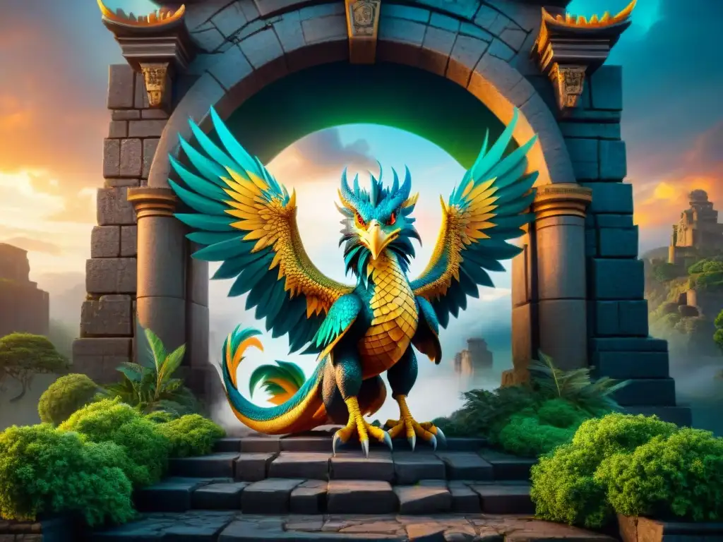 Un ser mítico surge de un portal rodeado de ruinas y vegetación, combinando un dragón y un fénix en un atardecer lleno de magia y misterio