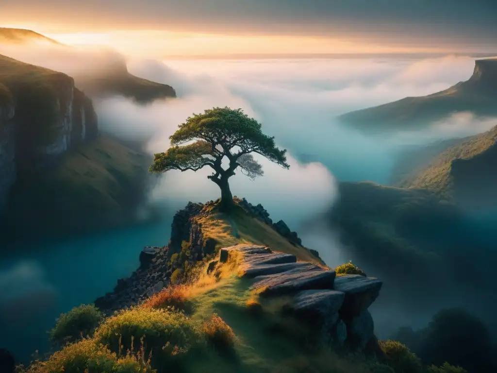 Un ser solitario en el borde de un acantilado, rodeado de misterio y contemplación en un reino oscuro