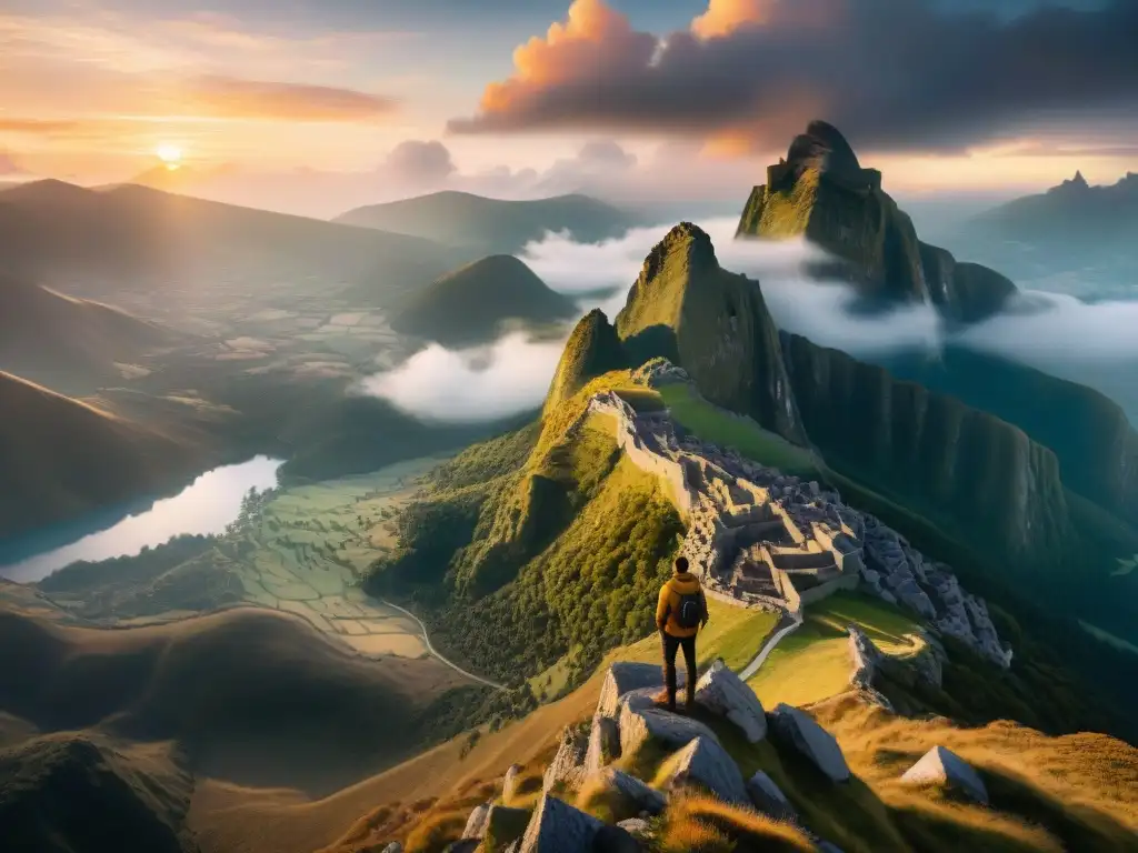 Un ser solitario en la cima de una montaña, contemplando un paisaje fantástico al atardecer