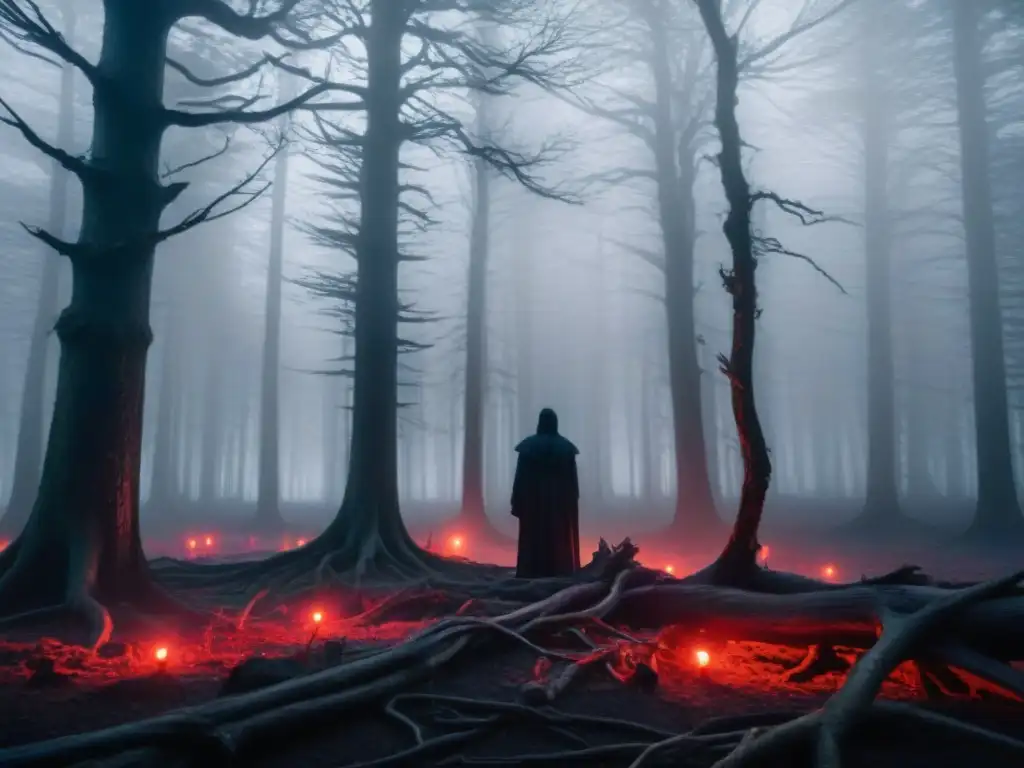 Sombras en la penumbra: misterio y aura sobrenatural en el bosque oscuro Un ser sombrío en el borde de un bosque oscuro, con ojos rojos brillantes