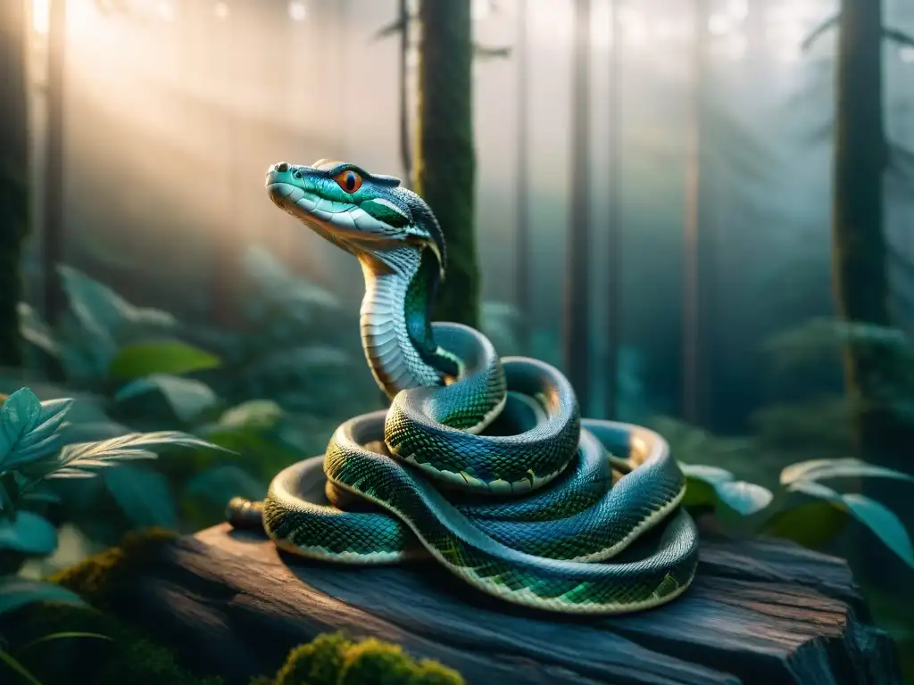 Un serpiente plateada en un bosque misterioso, simbolizando la ambición y astucia de Slytherin en Hogwarts