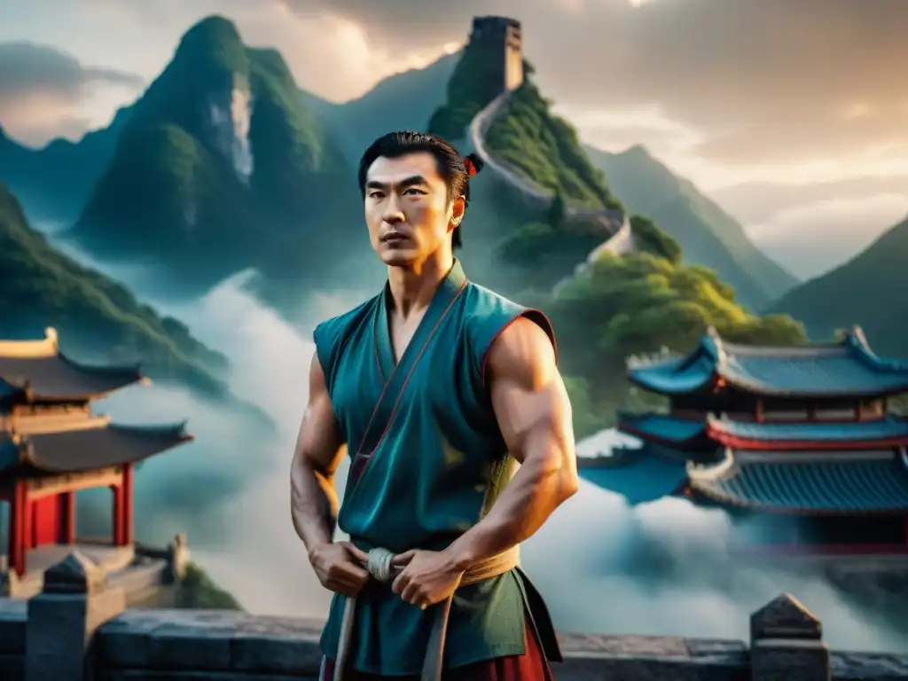 Shang-Chi en pose de artes marciales rodeado de energía mística, reflejando la mitología y artes marciales chinas