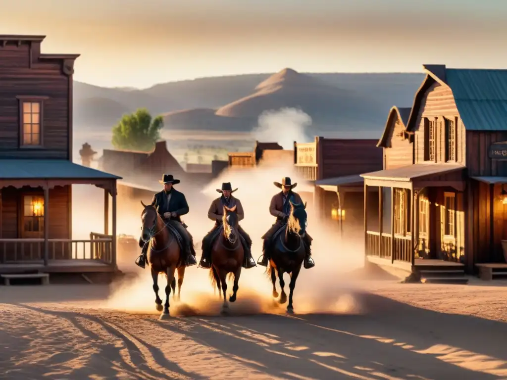 Un sheriff solitario observa un polvoriento pueblo del Viejo Oeste al atardecer, rodeado de edificios de madera y forajidos a caballo en la distancia