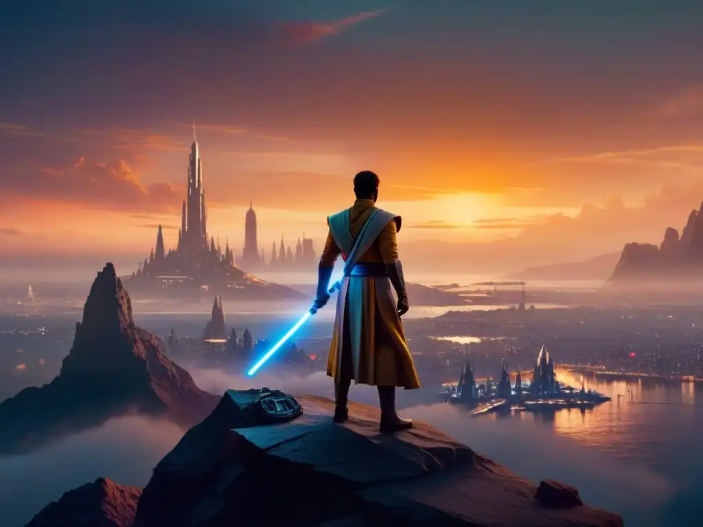 Silueta de Jedi en acantilado al atardecer, con sable de luz encendido, contemplando ciudad futurista: Influencia del Credo Jedi