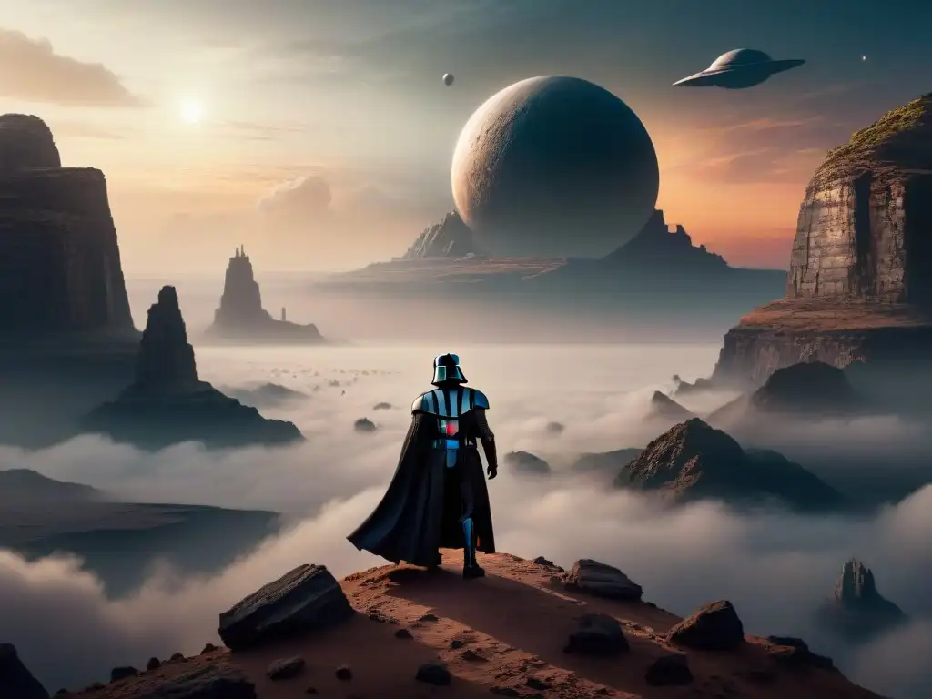 Silueta de Darth Vader en paisaje alienígena con naves espaciales Silueta de Darth Vader en acantilado, paisaje alienígena con lunas, nave espacial, reinvención mitología antigua Star Wars