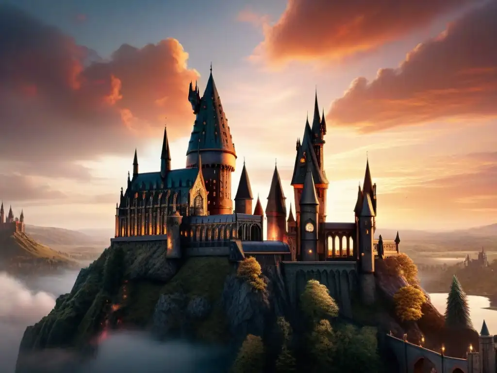 Silueta de Hogwarts al atardecer, detallada y mágica