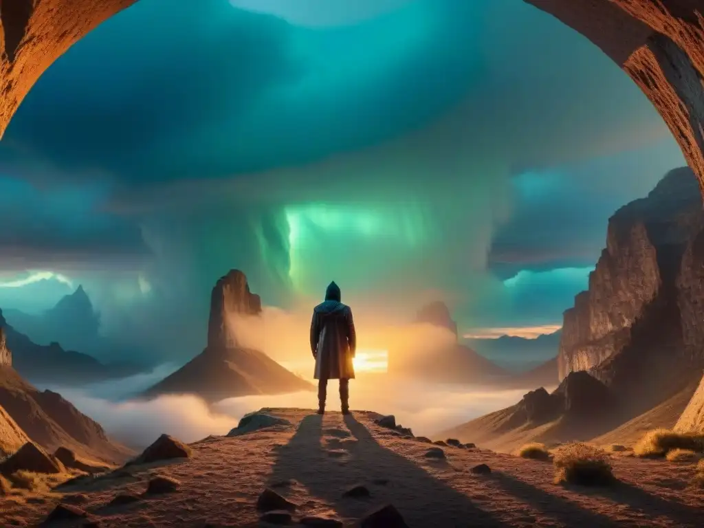 Entidad misteriosa en portal interdimensional Silueta misteriosa en el borde de un portal entre dimensiones, con atmósfera de intriga