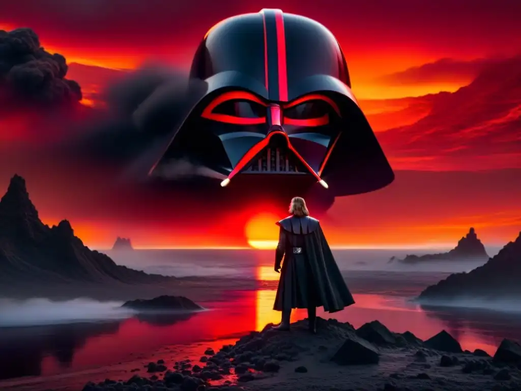 La transformación de Anakin Skywalker a Darth Vader en Mustafar, con lava y silueta oscura