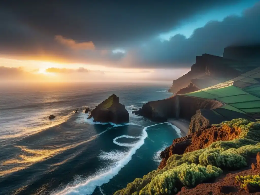 Silueta solitaria en acantilado de Islas Canarias con mística neblina marina al atardecer, evocando la mitología de Witcher