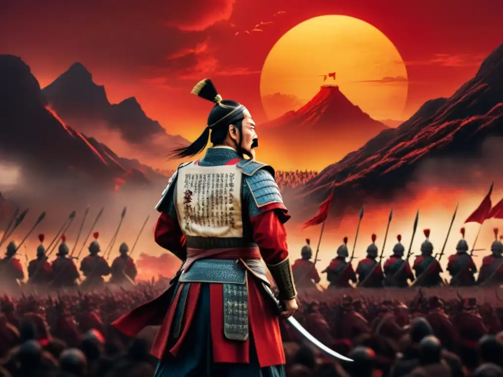 Silueta de Sun Tzu en batalla estratégica, simbolizando la Filosofía El Arte de la Guerra