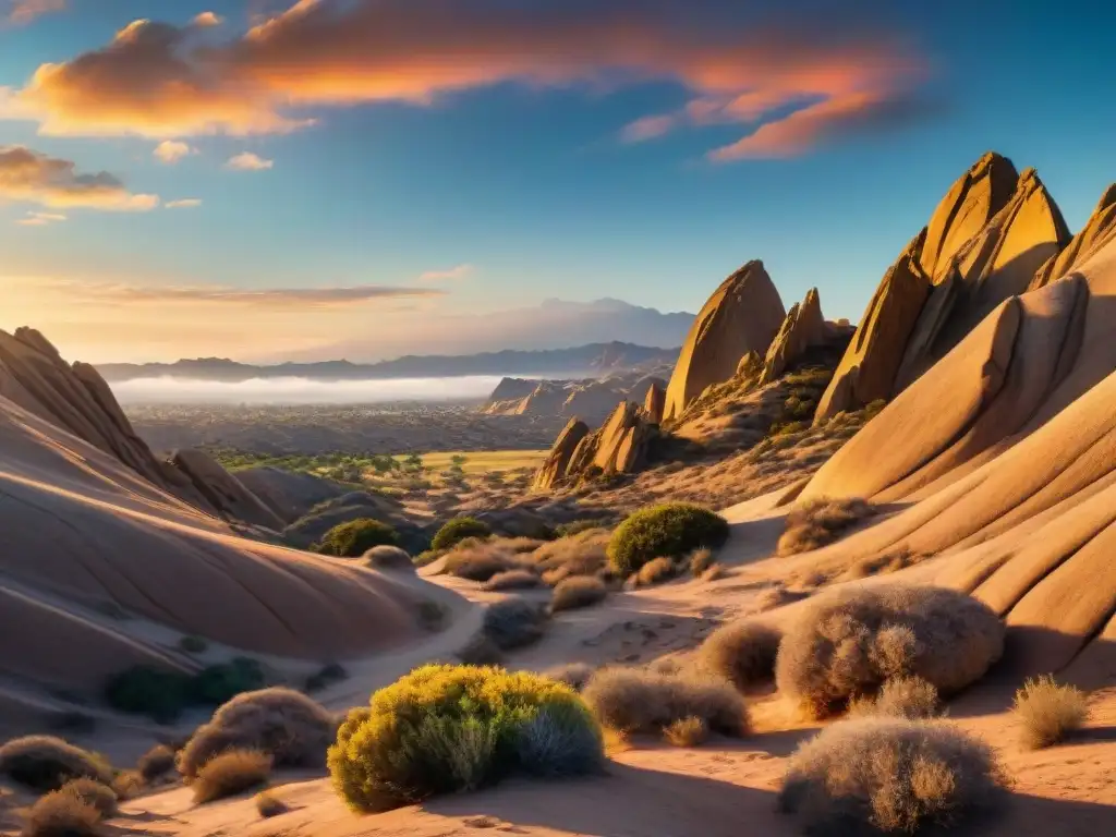 Siluetas de Vasquez Rocks al atardecer, paisaje alienígena con formaciones rocosas icónicas ante un cielo multicolor