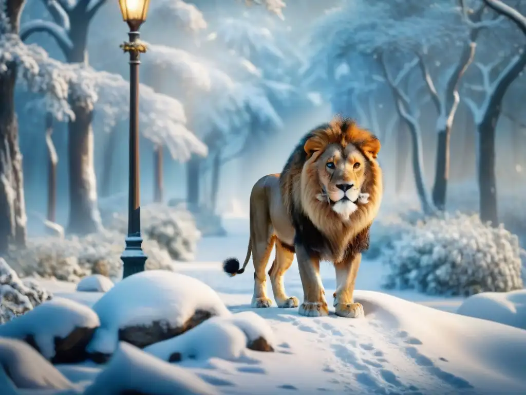 El león majestuoso de Narnia en el bosque nevado Simbolismos cristianos en Narnia: Majestuoso león Aslan en bosque nevado con farola brillante y copos de nieve cayendo